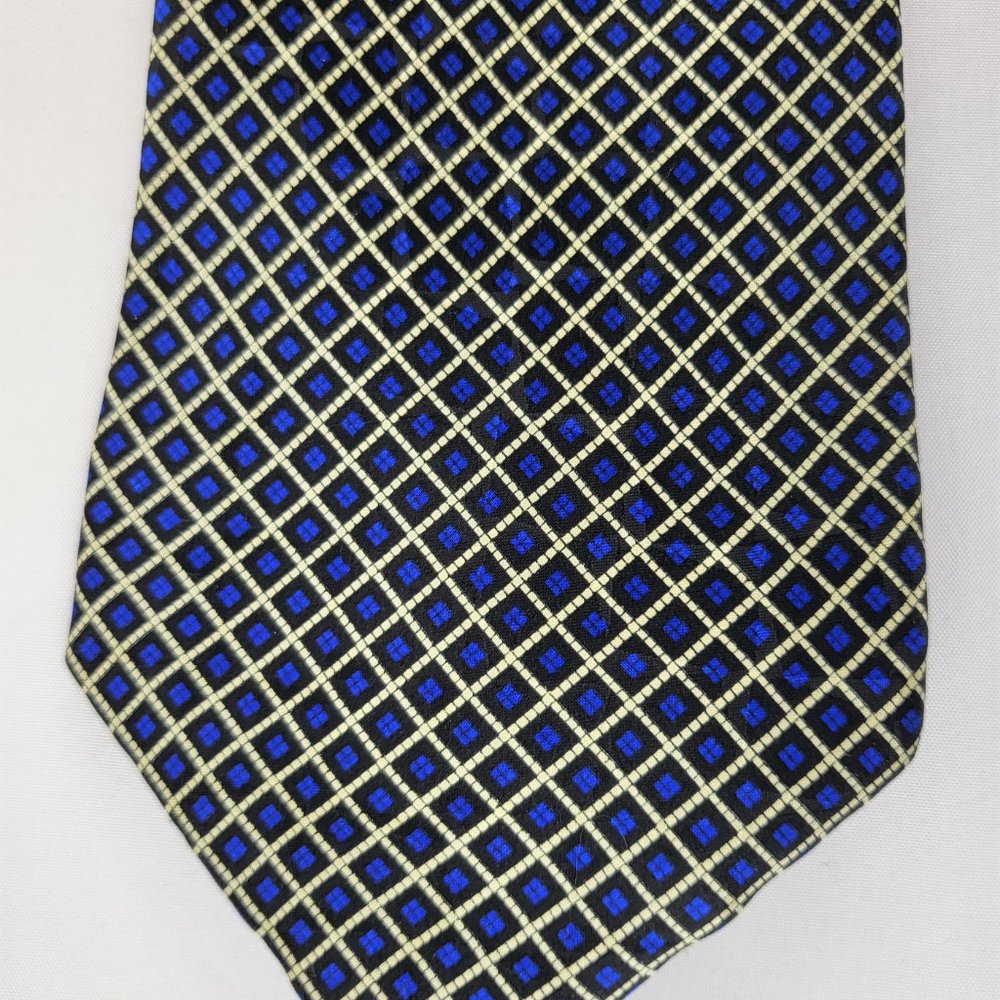 Silk Neck Tie Black Electric Blue Geometric Diamonds Squares Hand Made Berardi